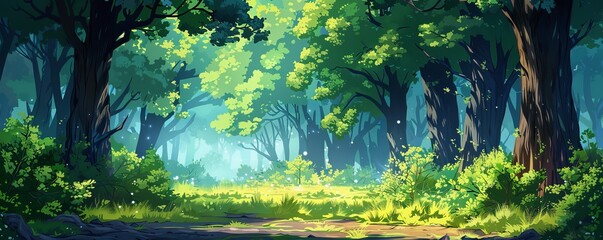 anime cartoon style woodland forest background banner, generated ai