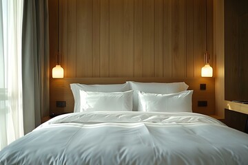 A bed with white sheets and pillows in a room