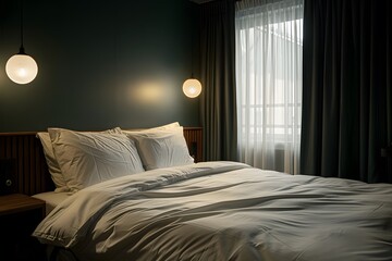 A bed with white sheets and pillows in a room