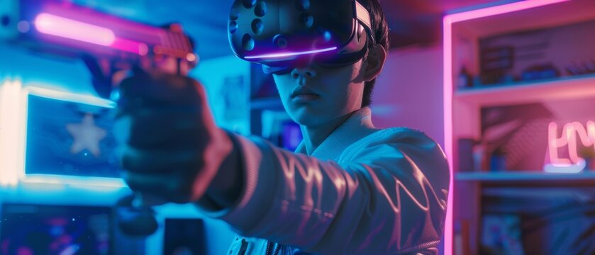 Playing Online Video Game Shooter with Joysticks / Controllers as Swords, East Asian Pro Gamer Wearing Virtual Reality Headset. Neon Colors in the Room.