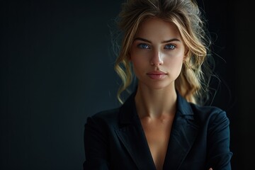 Woman in black jacket gazes at camera with a smile