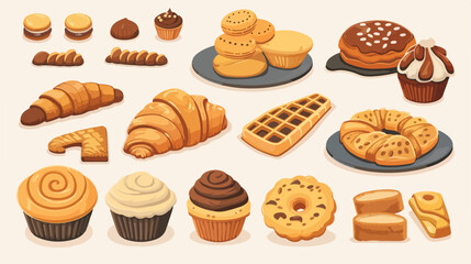 Bakery and pastry products icons set with various sor