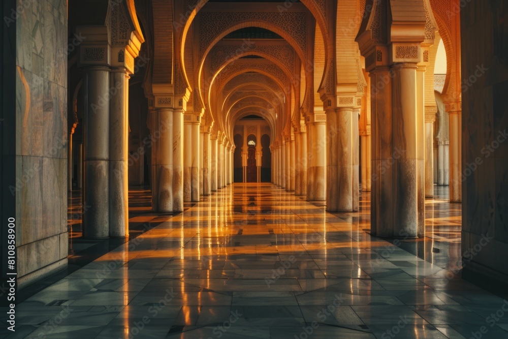 Poster a long hallway with columns and a clock on the wall. perfect for business and corporate concepts