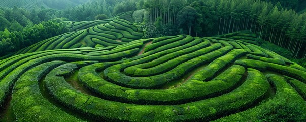 Naklejka premium Aerial drone view of shapes of Cha Gorreana tea plantation at Sao Miguel, Azores, Portugal.