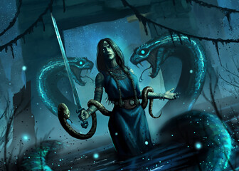 A water witch in a Celtic tunic, controlling giant snakes, stands knee-deep in water with a sword in her hand and a small snake wrapped around her body against the background of ruins. 2d illustration © Iobard