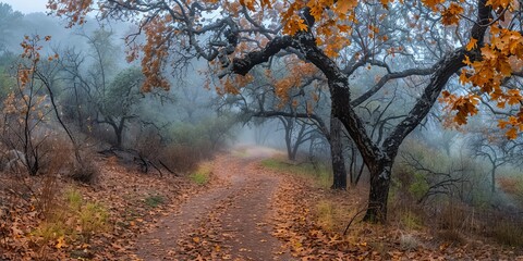 Fototapeta premium A serene, foggy trail winds through a forest of CascadeÃ±o oaks, with fallen leaves carpeting the ground and autumn colors lingering on the branches