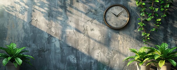 Springtime Background with Clock and Plants Against a Concrete Wall. Textured Wallpaper with Copy-space.