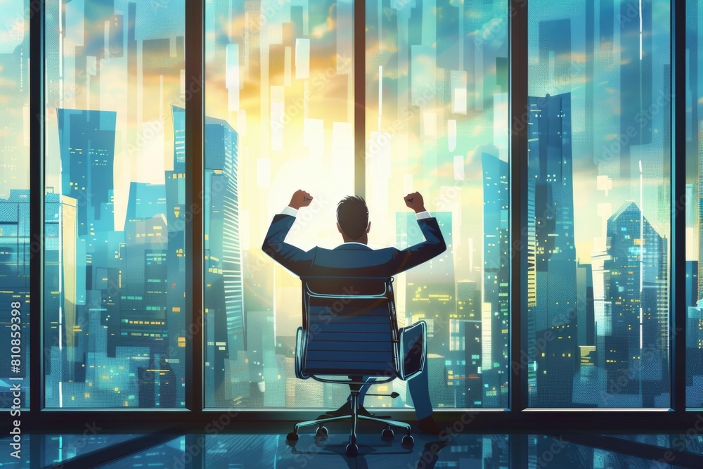 Poster a man sitting in a chair in front of a window, suitable for various concepts and designs