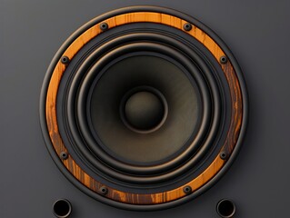 A speaker with wood and metal on a grey background.