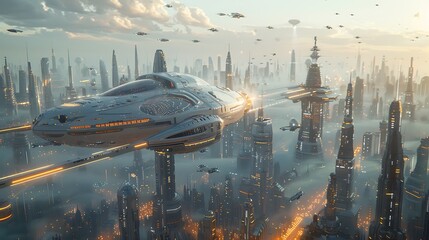 Dive into a futuristic cityscape with sleek skyscrapers and flying cars zooming through the sky.