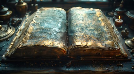 Dive into a dimly lit study where an open spell book lies among scattered magical artifacts.