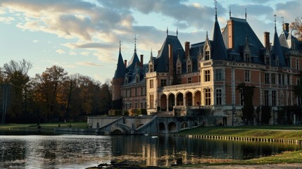 Obraz premium A large castle with a boat in front. Suitable for travel brochures