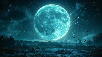 Fototapeta premium Dive into a mystical scene where a radiant full moon hangs in a starry sky, with dark bats fluttering around.