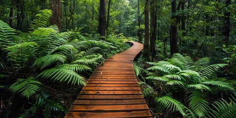 Long narrow boardwalk in lush forest