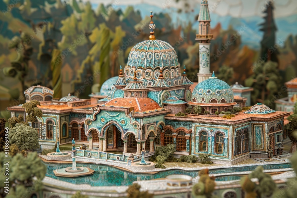 Aufkleber A model of a building with a fountain in front of it. Suitable for architectural and urban design concepts