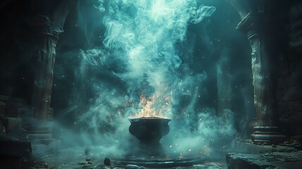Dive into an ancient dungeon where a large black cauldron emits swirling, dark smoke as it simmers.