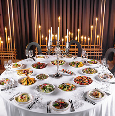 Elegant dinner table with gourmet dishes and candlelight