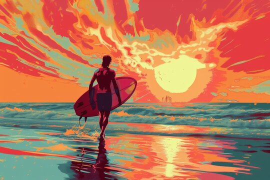 A person walking on a beach with a surfboard, perfect for travel websites
