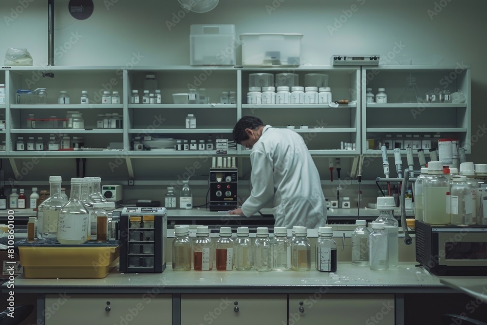 Aufkleber A man in a lab coat working in a laboratory. Ideal for science and research concepts