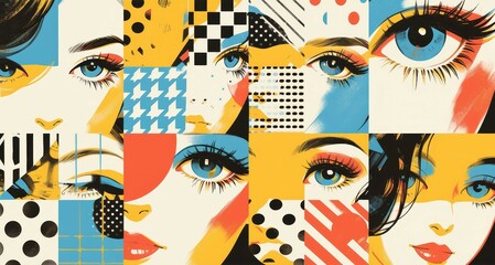 A pop art collage featuring iconic female faces and vibrant patterns and polka dots in reds, yellows and blues, capturing the essence of advertising, print media and fashion culture.