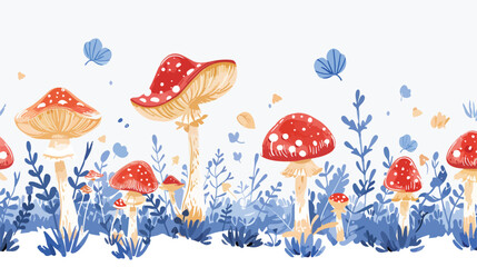 Beautiful flat fantasy amanita mushrooms background.