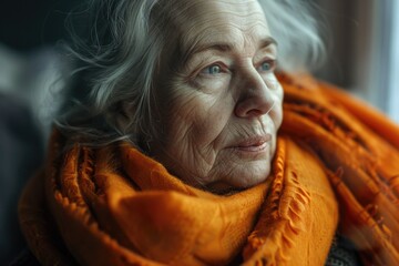An older woman wearing an orange scarf looking out a window. Suitable for lifestyle or retirement concepts - Powered by Adobe
