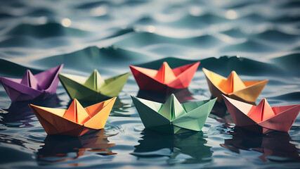  Colorful origami paper boats sailing in water. AI generated image, ai
