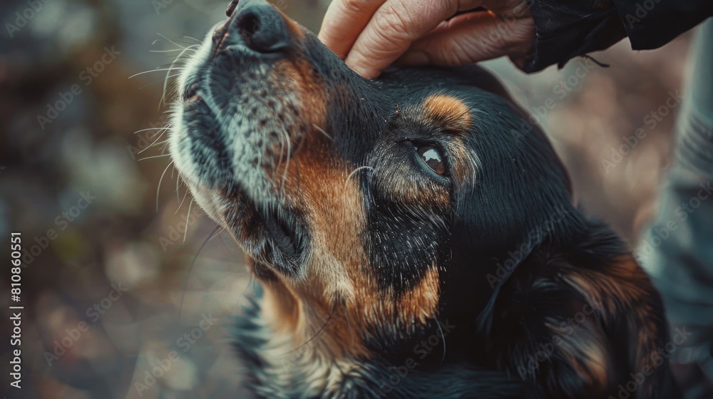 Poster A close up image of a person petting a dog. Suitable for various pet-related designs