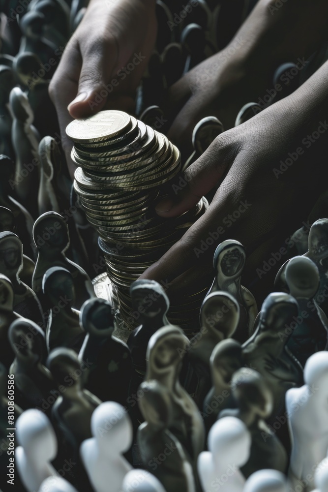 Poster a person holding a stack of coins in front of a pile of shoes, suitable for financial and shopping c
