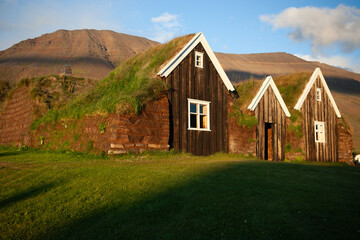 Old icelandic village of wooden turf houses, and workshop at the Skogar Museum in Iceland