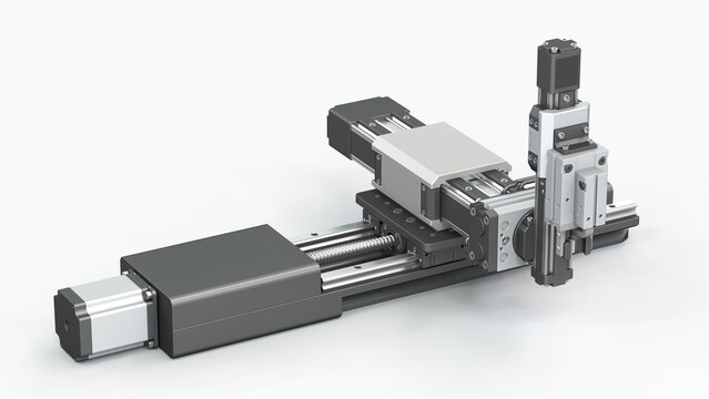 Linear motion system, pneumatic rotary actuator and automatic parallel gripper. Concept of high-tech equipment for automated production and assembly lines. 3d rendering