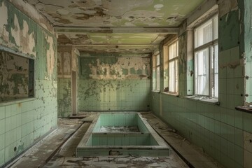 A bathtub in a run-down building, suitable for urban decay themes