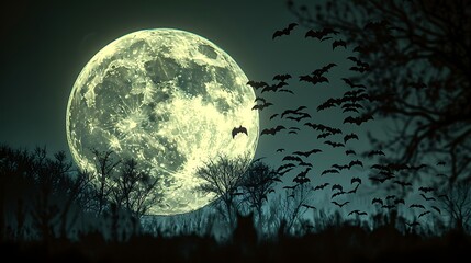 Naklejka premium Experience a gothic night with a luminous full moon casting a silver glow, surrounded by silhouettes of bats in flight.