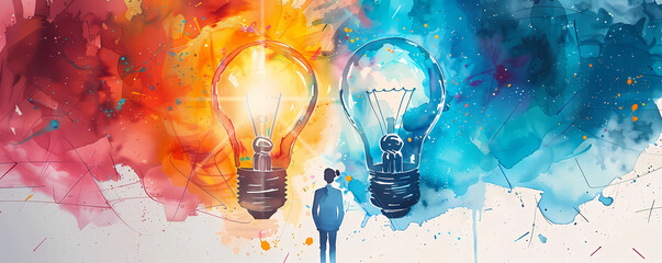 A person standing in front of two light bulbs, one red and one blue. The person is looking up at the light bulbs. The background is a watercolor painting.