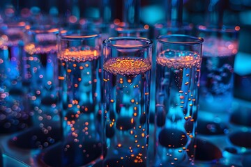 Many glasses and beakers on a table in a laboratory