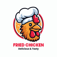 Fried Chicken Logo Illustration. Rooster Mascot Design. Suitable for T-shirt, Badge, Emblem, Print, Business, Brand, Fast Food, Culinary Brand, Restaurant. Vector, Editable Color