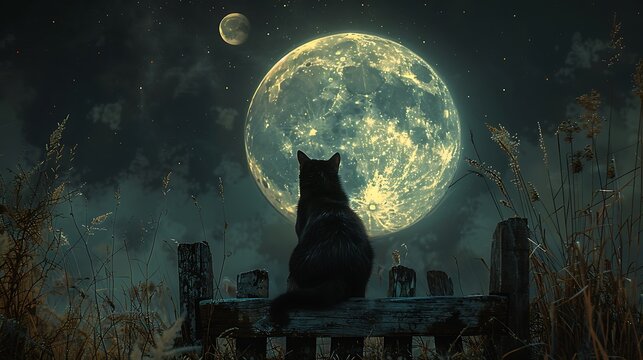 Experience a quiet night where a black cat lounges on a weathered fence under a large moon, its silhouette sharp against the light.