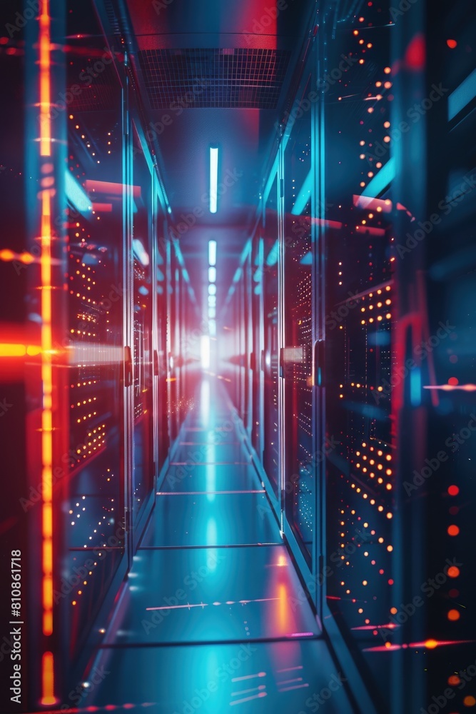 Aufkleber A long hallway with rows of servers in a data center. Suitable for technology concepts