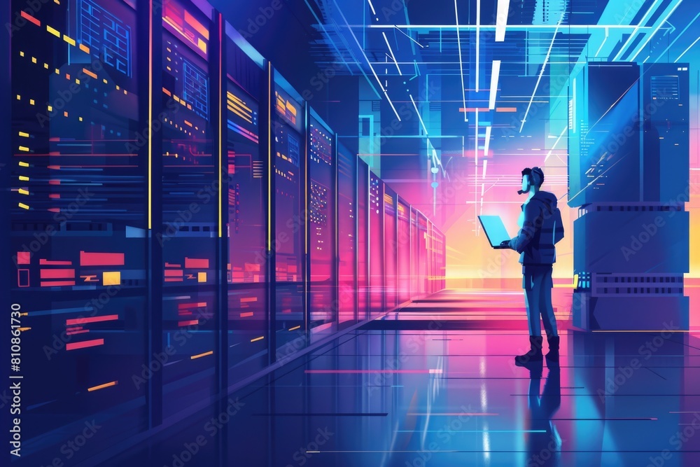 Aufkleber a man standing in a server room with a laptop. suitable for technology concepts