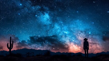 Fototapeta premium Experience a starry night in the desert, with a clear, expansive sky above and the silhouette of cacti and sand dunes below.