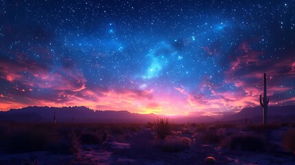 Experience a starry night in the desert, with a clear, expansive sky above and the silhouette of cacti and sand dunes below.