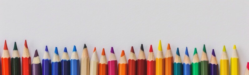 Many colored pencils lined up in a row. Banner