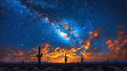 Experience a starry night in the desert, with a clear, expansive sky above and the silhouette of cacti and sand dunes below.