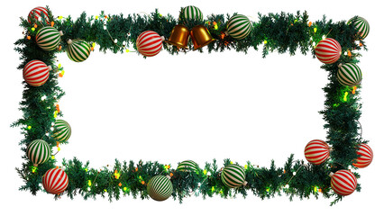 christmas wreath colorful light blub pine tree branches ornament frame background 3D rendering