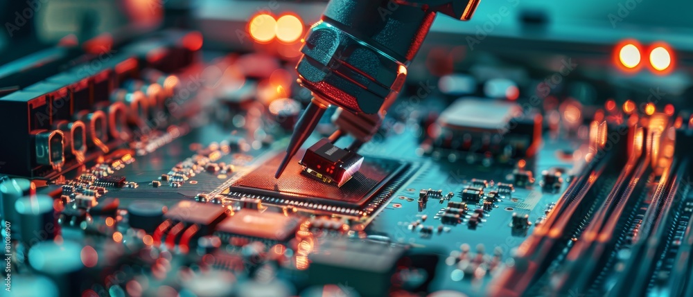 Canvas Prints A macro view of the assembly process of Printed Circuit Board (PCB) using an automated robotic arm. Surface Mount Technology (SMT) enables connection of microchips to the motherboard.