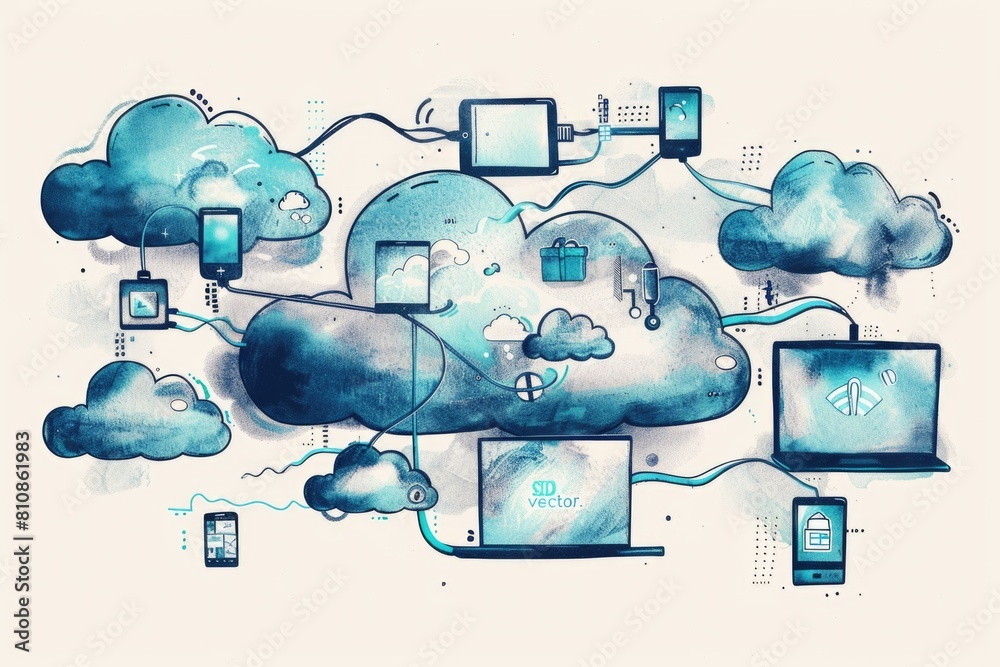 Poster Illustration of a cloud with connected devices. Suitable for tech blogs or articles