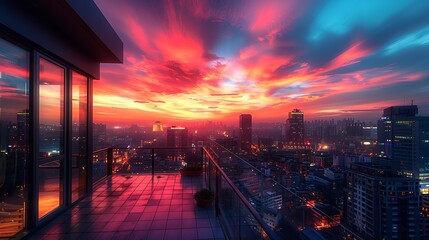 Experience the buzz of a city from a high rooftop at twilight.