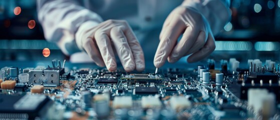 A worker in a high-tech factory assembles electronic printed circuit boards using surface mount technology using a pick and place machine.