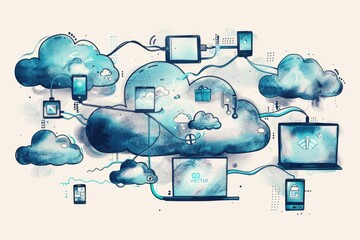 Illustration of a cloud with connected devices. Suitable for tech blogs or articles