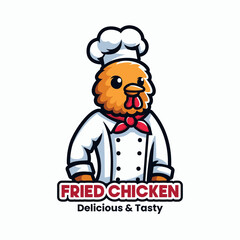 Fried Chicken Logo Illustration. Rooster Mascot Design. Suitable for T-shirt, Badge, Emblem, Print, Business, Brand, Fast Food, Culinary Brand, Restaurant. Vector, Editable Color